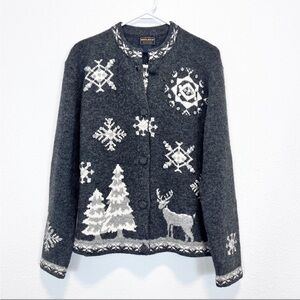 Woolrich Wool Cardigan Winter Snowflakes Deer Charcoal Gray White Large